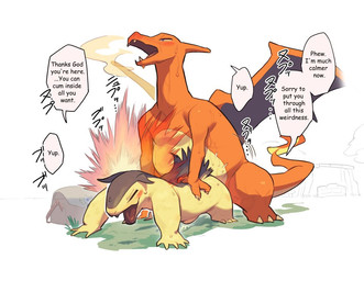 abdominal_bulge ambiguous_gender anthro biped blue_body blue_fur dialogue doggystyle duo eyes_closed fire flaming_tail from_behind_position fucked_silly fur male male/ambiguous male_penetrating moan nude obscured_penetration obscured_sex open_mouth orange_body penetration sex simple_background speech_bubble tail tan_body text white_background gyu_hydrogen nintendo pokemon charizard generation_1_pokemon generation_2_pokemon pokemon_(species) typhlosion english_text translated