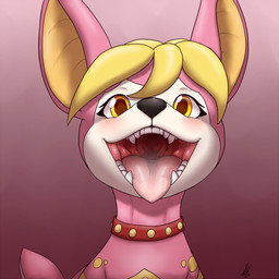 ambiguous_gender black_nose blonde_hair blush bodily_fluids collar eyelashes fangs feral fur gaping_mouth hair looking_at_viewer mouth_shot nude open_mouth pink_background pink_body pink_fur saliva simple_background solo teeth text tongue tongue_out white_body white_fur yellow_eyes shikaro nintendo pokemon fan_character meringue_(shikaro) deer deerling generation_5_pokemon mammal pokemon_(species) spring_deerling 1:1 2016 english_text hi_res signature
