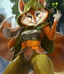 5_fingers anthro blue_eyes breasts butt butt_from_the_front clothed clothing day detailed_background eyelashes female fingers fur heart_symbol hood hooded_cape looking_at_viewer outside plant side_boob sky smile solo standing tree juliathedragoncat dota valve hoodwink_(dota) mammal rodent sciurid tree_squirrel 2021 digital_media_(artwork) hi_res