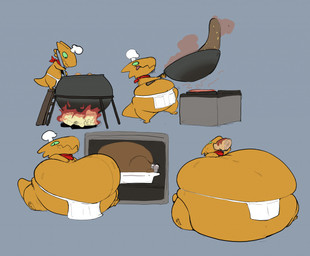 3_fingers 3_toes ambiguous_gender anthro appliance apron apron_only belly big_belly bodily_fluids boil cauldron chef_hat clothing cooking cookware digitigrade drooling feet fingers fire flesh_fang food front_view frying_pan green_eyes grey_background hand_on_belly hand_on_own_belly hat headgear headwear holding_food holding_object holding_tool horn huge_belly hyper hyper_belly kerchief kitchen_appliance kitchen_utensils ladle looking_at_viewer meat mostly_nude neckerchief neckwear obese orange_body orange_skin oven overweight red_kerchief red_neckerchief saliva side_view simple_background sitting smile solo standing steam step_ladder stove sweat sweaty_belly sweaty_face tail toes tongue tongue_out tools weight_gain white_apron white_clothing white_hat white_headwear saphiros kobold scalie 2021 digital_media_(artwork) sequence
