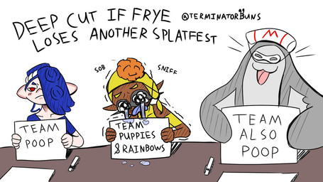 :3 anthro bodily_fluids crying dark_body dark_skin female grey_body group humor male sign speckled_body tears text trio terminatorbuns nintendo splatoon big_man_(splatoon) frye_(splatoon) shiver_(splatoon) animal_humanoid aquatic aquatic_humanoid cephalopod cephalopod_humanoid fish humanoid inkling manta_ray mollusk mollusk_humanoid octarian octoling ray_(fish) stingray 16:9 english_text hi_res widescreen