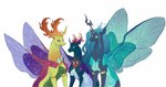 alternate_color antlers blue_body blue_hair crown female feral green_body green_eyes group hair headgear horn insect_wings male multicolored_body purple_eyes simple_background smile trio white_background wings glorymoon friendship_is_magic hasbro my_little_pony pharynx_(mlp) queen_chrysalis_(mlp) thorax_(mlp) arthropod changeling