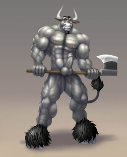 abs anthro axe balls beard big_muscles body_hair cloven_hooves erection facial_hair foreskin genitals goatee happy_trail holding_object holding_weapon hooves horn humanoid_genitalia humanoid_penis male melee_weapon muscular muscular_anthro muscular_male nude partially_retracted_foreskin penis pose presenting solo tail vein weapon braford bovid bovine cattle mammal