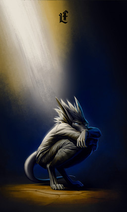 anthro black_body black_fur blue_eyes bottomwear clothed clothing crouching fur grumpy long_ears long_tail longsleeve male pants solo tail young young_male thewyvernsweaver last_fables the_slayer_(last_fables) canid canine canis mammal wolf 2025 absurd_res hi_res