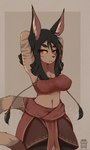 anthro bandeau big_breasts black_hair bodily_fluids breasts clothing exposure_variation female hair navel orange_eyes solo sweat tan_body topwear tribal tribal_outfit yellow_sclera orang111 kumahra_(orang111) canid canine mammal hi_res