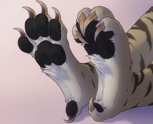 4_toes ambiguous_gender anthro barefoot big_claws black_pawpads brown_body brown_fur claws curling_toes faceless_ambiguous faceless_anthro faceless_character feet foot_focus foot_shot fur grey_body grey_fur long_claws pawpads paws pink_background simple_background solo striped_body striped_fur stripes toe_claws toes rooc guild_wars charr felid mammal hi_res