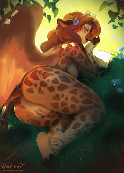 accessory anthro blue_flower blush body_blush brown_hair brown_markings butt eyes_closed feathered_wings feathers female flower flower_in_hair fur genitals grass hair hair_accessory hooves horn leaf long_hair lying markings nude on_grass on_ground on_side open_mouth orange_body orange_fur outside plant rear_view solo spots spotted_body spotted_fur spotted_markings tail vulva vulva_blush wings yawn hackainax giraffe giraffid mammal 2025 colored digital_drawing_(artwork) digital_media_(artwork) hi_res shaded