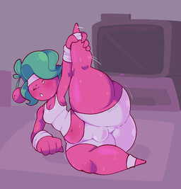 accessory belly big_butt blush bodily_fluids bottom_heavy bottomwear bulge butt cherry clothed clothing confusion curvy_figure electronics exercise fingers fist flower food fruit fully_clothed glistening glistening_belly glistening_body glistening_legs glistening_pseudo_hair glistening_skin glistening_thighs green_pseudo_hair hand_on_leg headband holding_leg holding_own_leg huge_thighs legband lying male moobs motion_lines navel not_furry on_side one_eye_closed open_mouth plant pseudo_hair purple_body purple_skin shirt shorts simple_background simple_eyes simple_face slightly_chubby solo stretching sweat sweatdrop sweaty_belly sweaty_body sweaty_face sweaty_legs sweaty_thighs tank_top television text thick_thighs topwear white_bottomwear white_clothing white_eyes white_legband white_shirt white_shorts white_tank_top white_topwear white_wristband wide_hips wristband dozighost cheren_(dozighost) elemental_creature elemental_humanoid flora_fauna food_creature humanoid living_fruit plant_humanoid 2024 artist_name colored digital_drawing_(artwork) digital_media_(artwork) english_text shaded signature watermark male_(lore)