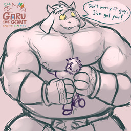 anthro biceps big_muscles duo horn hug larger_anthro male male/male musclegut muscular muscular_anthro muscular_male nipples pecs red_eyes size_difference slightly_chubby slightly_chubby_anthro slightly_chubby_male smaller_human yellow_sclera garuthegiant kings_of_hell enfer_belial bovid caprine caprine_demon demon goat goat_demon human mammal 1:1 hi_res