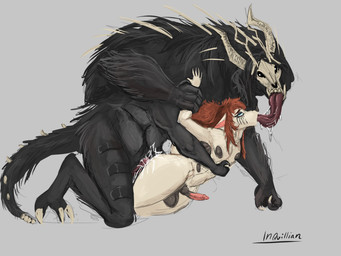 andromorph big_tongue bodily_fluids horn intersex intersex/intersex makeup male male/male running_makeup saliva saliva_string size_difference teratophilia thorn tongue i_quillian bat humanoid mammal monster 4:3
