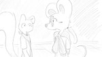 16:9 accessory animal_crossing anthro bandanna clothed clothing dialogue_in_description dragonweirdo duo eyewear female fluffy fluffy_tail glasses greyscale hair hair_accessory hairband half-length_portrait hi_res kerchief looking_at_another male mammal marshal_(animal_crossing) monochrome mouse murid murine neckerchief nintendo petri_(animal_crossing) ponytail portrait rodent sciurid shirt simple_background sweater sweater_around_neck tail teeth topwear tree_squirrel wearing_glasses widescreen