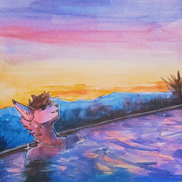 anthro brown_body brown_fur brown_hair fur hair jewelry male neck_tuft necklace nude outside partially_submerged relaxing short_hair smile solo sunset tuft akatan_art canid mammal 1:1 painting_(artwork) traditional_media_(artwork) traditional_painting_(artwork) traditional_watercolor_(artwork) watercolor_(artwork)