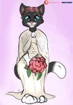 anthro blue_eyes bouquet clothing domestic_cat dreamworks dress felid feline felis female flower flower_bouquet happy hi_res holding_object kitty_softpaws looking_at_viewer mammal pink_background plant puss_in_boots_(dreamworks) signature simple_background smile solo standing text theinspiredsphynx tuxedo_cat url wedding_dress