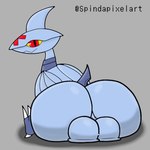 1:1 2020 axoarts backsack balls big_balls big_butt butt butt_focus fan_character feral generation_2_pokemon genitals grey_background grey_body huge_butt le_skarmory_(character) looking_at_viewer looking_back looking_back_at_viewer male nintendo nude outline pokemon pokemon_(species) quadruped red_eyes simple_background sitting skarmory solo yellow_sclera