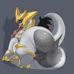 1:1 6_legs altered_forme_giratina anus big_butt bodily_fluids butt butt_focus female feral generation_4_pokemon genital_fluids genitals giratina grey_body hi_res huge_butt legendary_pokemon long_neck lying nintendo on_side pokemon pokemon_(species) presenting presenting_hindquarters pussy raised_tail rear_view red_eyes snappy_snaz solo sweat sweaty_butt tail thick_thighs vaginal_fluids wings