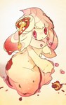 blush female food food_hair looking_at_viewer navel open_mouth pseudo_hair red_eyes simple_background solo white_background white_body idkuroi nintendo pokemon alcremie food_creature generation_8_pokemon humanoid pokemon_(species) ruby_swirl_alcremie 2021