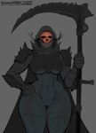 5_fingers armor big_breasts biped bone bottomless bracers breastplate breasts cape clothed clothing curvy_figure female fingers front_view genitals grey_armor grey_background grey_body grey_cape grey_clothing hand_on_hip holding_melee_weapon holding_object holding_scythe holding_weapon huge_thighs melee_weapon midriff navel not_furry partially_clothed pauldron polearm pussy red_eyes scythe simple_background skull skull_head smoke smoke_from_mouth solo spiked_armor spiked_pauldron spikes standing thick_thighs thigh_gap under_boob weapon wide_hips runawaystride destiny_(video_game) destiny_2 guardian_(destiny) skelly_hunter_(runawaystride) humanoid undead 2022 dated flat_colors hi_res portrait signature three-quarter_portrait