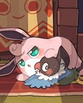 anthro blue_eyes blush caught cuddling duo embarrassed male male/male pink_body slightly_chubby bigoyatsu nintendo pokemon pokemon_mystery_dungeon spike_chunsoft chatot_(eotds) guildmaster_wigglytuff chatot generation_1_pokemon generation_4_pokemon pokemon_(species) wigglytuff hi_res