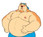 anthro backwards_hat beard belly big_belly blush bottomwear clothing cropped_ears facial_hair hand_on_belly hand_on_hip hat headgear headwear male musclegut muscular muscular_anthro muscular_male narrowed_eyes nipples overweight overweight_anthro overweight_male shorts smile solo squint manlyster canid canine canis domestic_dog mammal pit_bull hi_res