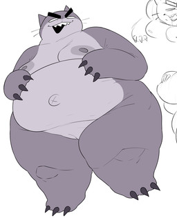 anthro areola breasts claws eyebrows female fur genitals grey_areola grey_body grey_fur grey_nipples navel nipples nude open_mouth open_smile outie_navel overweight overweight_anthro overweight_female sharp_teeth simple_background smile solo teeth thick_eyebrows toe_claws vulva whiskers white_background white_eyes x_navel kryadrawgin mewgenics guillotina_(mewgenics) domestic_cat felid feline felis mammal 2026 hi_res