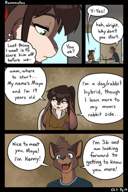 anthro beverage black_border blue_eyes border brown_body brown_fur brown_hair clothed clothed_anthro clothed_female clothed_male clothing coffee coffee_cup computer container cup dialogue duo electronics embarrassed female female_anthro floppy_ears fully_clothed fully_clothed_female fully_clothed_male fur furniture green_eyes hair highlights_(coloring) inside laptop long_ears looking_at_another male male_anthro open_mouth page_number ponytail red_highlights speech_bubble stated_age table text thought_bubble black-kitten ken_(black-kitten) maya_(black-kitten) canid canine canis domestic_dog hybrid lagomorph leporid mammal rabbit 2:3 comic english_text hi_res