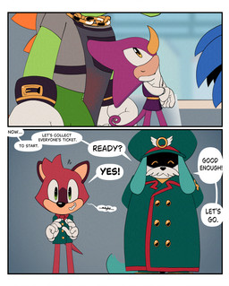 anthro apron clothing dining_room gesture group hand_gesture hand_on_chin larger_male male size_difference speech_bubble text train vehicle window awkward2eleven sega sonic_the_hedgehog_(series) the_murder_of_sonic_the_hedgehog conductor_(sonic) espio_the_chameleon sonic_the_hedgehog vector_the_crocodile canid canine chameleon crocodile crocodilian eulipotyphlan hedgehog lizard macropod mammal marsupial quokka reptile scalie absurd_res comic english_text hi_res
