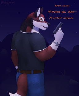 anchor_symbol anthro belt black_body black_clothing black_fur black_nose black_shirt black_topwear body_hair bottomwear bracelet brown_eyes cheek_tuft claws clothing countershading denim denim_bottomwear denim_clothing dialogue eyebrows facial_tuft fur gloves_(marking) gun handgun holding_object jeans jewelry looking_at_viewer male markings neck_tuft orange_eyes pants pistol ranged_weapon red_body red_fur shirt simple_background smile solo standing text topwear tuft weapon white_body white_claws white_fur adra_(artist) echo_(game) echo_(series) echo_project leo_alvarez canid canine canis mammal red_wolf wolf 2025 dated digital_media_(artwork) english_text hi_res signature