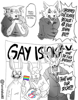 accessory anthro antlers bulletin_board cake dessert duo ears_up female food good_boy group horn lgbt_pride looking_at_another male necktie on_model open_mouth pride_colors rainbow_flag rainbow_pride_flag rainbow_symbol screaming shocked standing teeth text three-quarter_view tongue transgender_pride_colors efradraws beastars haru_(beastars) jack_(beastars) legoshi_(beastars) louis_(beastars) bird_dog canid canine canis cervine deer domestic_dog hunting_dog labrador lagomorph leporid mammal rabbit red_deer retriever wolf 2025 absurd_res digital_drawing_(artwork) digital_media_(artwork) hi_res meme monochrome