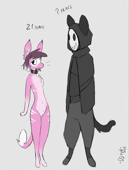 anthro black_clothing black_dress black_eyes breasts brown_hair clothing collar dress duo ears_up female flat_chested fur hair larger_male male markings mask nude pink_body pink_fur size_difference skinny small_breasts smaller_female thin_legs white_markings =djoyk= felid feline lynx mammal monster hi_res