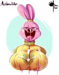 after_sex aged_up anthro big_breasts bodily_fluids breasts bukkake clothed clothing cum cum_on_clothing cum_on_face female genital_fluids open_mouth simple_background solo cocothezebra komdog cartoon_network chowder_(series) panini_(chowder) lagomorph leporid mammal rabbit 2016 digital_media_(artwork) hi_res