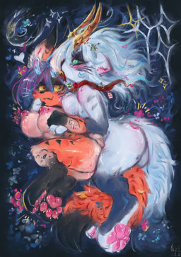 4_toes anthro bell blush bodily_fluids bow_ribbon breasts butt claws cuddling digitigrade dripping duo feet female female/female flower genital_fluids green_eyes hair horn looking_at_another looking_at_partner looking_at_viewer lying nipple_piercing nipples nude nude_anthro nude_female object_in_mouth on_side pawpads paws petals piercing pink_nipples pink_pawpads plant purple_hair romantic romantic_couple smile spooning tail_between_others_legs toe_claws toes vaginal_fluids yellow_eyes nihilochannel rin_(nihilochannel) strom_(nihilochannel) aardwolf domestic_ferret hyena mammal mustelid musteline true_musteline weasel digital_media_(artwork) digital_painting_(artwork) hi_res painting_(artwork)