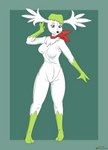 2022 breasts clothing costume digital_media_(artwork) female fursuit generation_4_pokemon green_background green_eyes green_hair hair halcy0n hi_res humanoid kerchief legendary_pokemon neckerchief neckwear nintendo not_furry pokemon pokemon_(species) shaymin simple_background sky_forme_shaymin smile solo standing white_body zipper