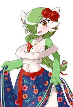 accessory beads brown_eyes clothing cross cross_necklace dress ear_piercing ear_ring female flower flower_in_hair green_hair hair hair_accessory jewelry markings mole_(marking) navel necklace not_furry piercing plant prayer_beads ring_piercing rosary solo lucyfercomic nintendo pokemon soledad_(atomic417) gardevoir generation_3_pokemon humanoid pokemon_(species) 2020 absurd_res hi_res