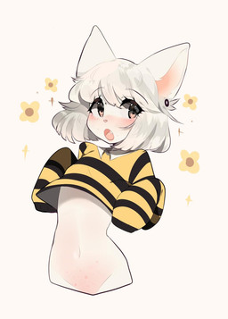 anthro belly blush body_blush clothed clothing countershading ear_piercing fangs female flower front_view fur hair looking_at_viewer navel open_mouth pattern_clothing pattern_sweater pattern_topwear piercing pink_body pink_countershading plant simple_background solo striped_clothing striped_sweater striped_topwear stripes sweater teeth tongue topwear white_background white_body white_fur white_hair fredek666 billy_(fredek666) domestic_cat felid feline felis mammal 2019 digital_media_(artwork) half-length_portrait hi_res portrait