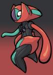 ambiguous_gender black_body chibi gem gradient_background grey_background looking_at_viewer not_furry red_background red_body simple_background solo zaikudo nintendo pokemon deoxys generation_3_pokemon humanoid legendary_pokemon pokemon_(species) speed_forme_deoxys digital_media_(artwork) low_res