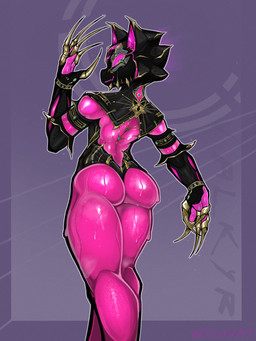 animal_ears big_butt black_body bodily_fluids butt claws empty_eyes female golden_claws long_claws machine pink_body pink_eyes purple_background simple_background solo sweat sweatdrop thick_thighs wide_hips denva9 valkyr_(warframe) valkyr_heirloom_(warframe) animal_humanoid cat_humanoid felid felid_humanoid feline feline_humanoid humanoid mammal mammal_humanoid robot robot_humanoid warframe_(species) 3:4 hi_res