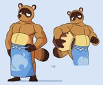 anthro apron apron_only belly biceps blue_apron blue_clothing brown_body brown_fur clothed clothing facial_markings fur head_markings holding_object male markings mostly_nude musclegut muscular muscular_anthro muscular_male narrowed_eyes outline overweight pecs simple_background solo cosmicboy02 animal_crossing nintendo tom_nook_(animal_crossing) canid canine mammal raccoon_dog tanuki 2022 6:5 digital_media_(artwork) hi_res signature