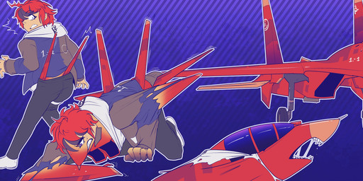 5_fingers aircraft airplane blue_background bodily_fluids clothed clothing fingers hair machine male mid_transformation on_ground partially_clothed pattern_background red_body red_hair sharp_teeth shocked simple_background striped_background sweat sweatdrop teeth text torn_clothing transformation transformation_sequence vehicle vehicle_transformation wheel eito_aotism su-27 sukhoi the_hundred_line:_last_defense_academy takumi_sumino human living_machine living_vehicle mammal absurd_res artist_name hi_res sequence signature watermark