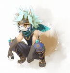 anthro armor chewing claws clothed clothing crouching eating food fur hair kemono leggings legwear male onigiri rice scarf simple_background solo yellow_eyes young kuroisumi canid canine fox mammal