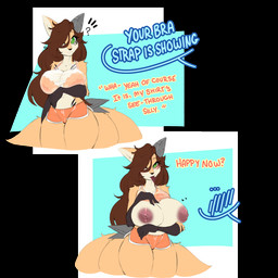 anthro big_breasts blep blush bottomwear breasts brown_hair clothing dialogue facial_markings female flashing flashing_breasts hair half-closed_eyes hand_on_breast head_markings hotpants lingerie long_hair markings multi_tail narrowed_eyes nipples prosthetic prosthetic_ear prosthetic_limb prosthetic_tail question_mark shorts solo supporting_breasts tail tongue tongue_out translucent translucent_clothing visible_underwear ki0nyxie vixira_(syrup-taifh) canid canine fennec_fox fox mammal true_fox absurd_res hi_res