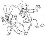 2016 3_toes 4_fingers anthro barefoot black_and_white bottomwear canid canine claws clothed clothing coat disney duo feet female fingers fox front_view fully_clothed fur jacket judy_hopps lagomorph leporid line_art long_ears looking_at_viewer male mammal monochrome nick_wilde on_one_leg outstretched_arms pants rabbit red_fox secoh2000 standing tailcoat toes tongue topwear true_fox zootopia