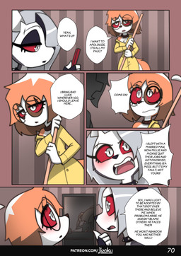 anthro broom cellphone cleaning_tool clothing coat collar dialogue electronics eyewear female fingerless_gloves glasses gloves handwear male phone raincoat red_sclera smartphone speech_bubble text topwear jizoku hellaverse helluva_boss mythology blitzo_(helluva_boss) loona_(helluva_boss) sol_(jizoku) canid canid_demon canine demon hellhound imp mammal mythological_canine mythological_creature 2025 absurd_res comic english_text hi_res url