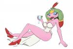 alcohol avian beverage big_breasts bird blue_eyes breasts cartoonsaur cleavage clothed clothing eyeshadow female footwear high_heels human lips makeup mammal mario_bros nintendo pink_body pink_skin queen_valentina shoes simple_background solo super_mario_rpg_legend_of_the_seven_stars thick_thighs white_background
