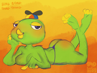 anthro big_butt breasts butt clothing feet female hat headgear headwear lips looking_at_viewer non-mammal_breasts solo text thick_thighs thong underwear ruetteroulette peak_(videogame) bing_bong_(peak) amphibian frog 4:3 english_text hi_res