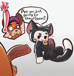 anthro balls black_body black_fur blush brown_body brown_fur cat_tail duo fur genitals male male/male penile penis surprised text naughty_ferret brawl_stars supercell_(company) kit_(brawl_stars) ruffs_(brawl_stars) canid canine canis domestic_cat domestic_dog felid feline felis mammal english_text hi_res