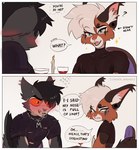 2_panel_comic anthro black_body black_fur black_hair blush blush_lines chain_necklace cheek_tuft clothing dialogue duo ear_piercing ears_back facial_piercing facial_tuft fangs femboy fur gauged_ear grey_body grey_fur hair half-closed_eyes humor inner_ear_fluff jewelry lip_piercing male narrowed_eyes necklace nose_piercing nose_ring open_mouth open_smile orange_sclera piercing pivoted_ears ring_piercing shirt smile speech_bubble t-shirt tail tan_body tan_fur teeth text topwear torn_clothing tuft war white_hair yellow_sclera cinderwishes angel_(cinderwishes) mercy_(cinderwishes) caracal caracal_(genus) domestic_cat felid feline felis lykoi mammal english_text