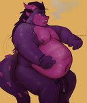 absurd_res anthro balls belly big_belly dragon flaccid genitals hi_res humanoid_genitalia humanoid_penis male moobs mythological_creature mythological_scalie mythology nipples nude overweight overweight_male penis purple_body scalie smile smoke solo tail tcw