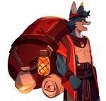 accessory anthro armband backpack big_backpack biped bottomwear brown_armband clothing headband lamp lantern loincloth male open_mouth red_headband slim_anthro slim_male solo hemuchang kelipot canid canine fox mammal character_request hi_res