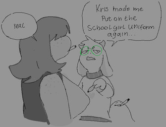 anthro big_breasts breasts clothed clothing dialogue drugs female freckles gossip horn huge_breasts male marijuana nipple_outline smoking speech_bubble text conditional_dnp kinkykong deltarune ralsei_smoking_blunt undertale_(series) nubert ralsei susie_(deltarune) bovid caprine goat mammal english_text