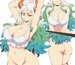 big_breasts bottomless breasts butt cleavage clothed clothing female green_hair hair horn long_hair not_furry shirt simple_background solo topwear white_background lewdamone asian_mythology east_asian_mythology japanese_mythology mythology one_piece yamato_(one_piece) demon horned_humanoid humanoid oni yokai digital_media_(artwork) hi_res shaded